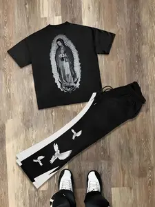 Men's Guadalupe Print Round Neck Tee & Striped Print Sweatpants Set, Loose Crew Neck Short Sleeve T-shirt & Flare Leg Pants, Casual Fashion Cozy Breathable Men Outfits for All Seasons