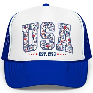 USA 1776 Faux Embroidery Trucker Hat for Women - Patriotic 4th of July Snapback - Floral American USA Summer Hat - Red White Blue Adjustable Foam Front Hat