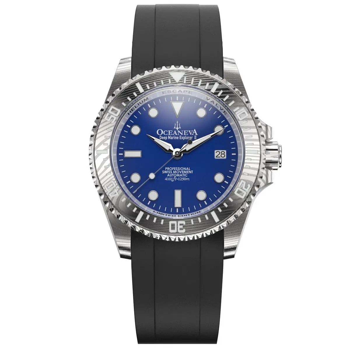 Oceaneva Men's Deep Marine Explorer II - 1250M Swiss Dive Watch with Damascus Steel Blue Dial & FKM Rubber Band