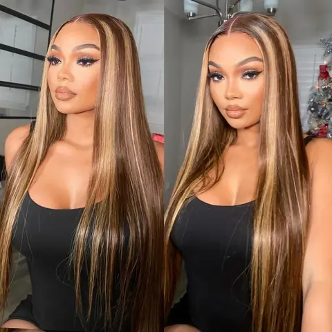 URody Melt-tone Lace Front Human Hair Wig, 13x6 HD Transparent Lace, Pre-Plucked Straight Highlight 4/27 Honey Blond, Dye & Straighten Compatible