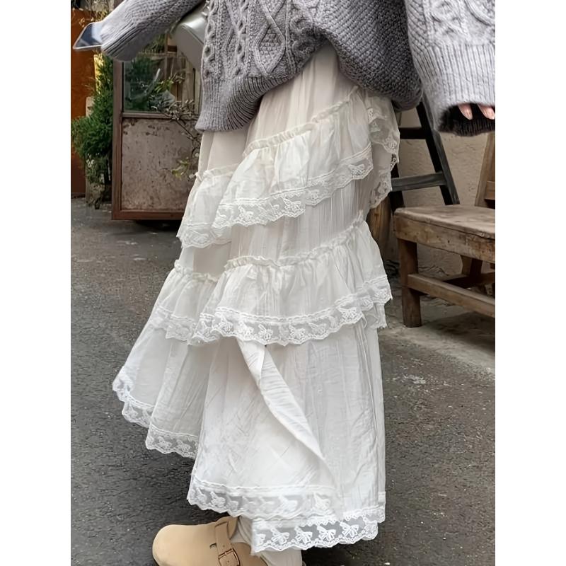 Elegant High-Waisted A-Line Long Skirt for Women, Spring Collection, Korean Style, White Cake Design, Lace Ruffle Detail, 100% Polyester, Solid Color, All Seasons, 125g/m² Lining, 140g/m² Fabric Weight