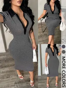 Women's Casual Minimalist Fashion Commuter Style Short Sleeve Black & White Striped Polo Dress, Knit High Stretch Fitted Mid-Length Dress