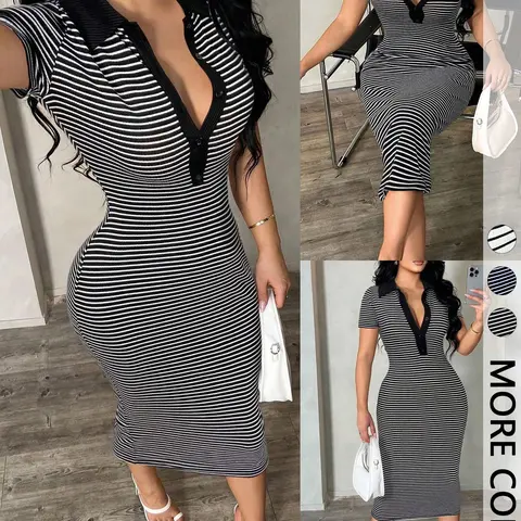 【Black Friday】Women's Black-and-White Striped Short-Sleeve Fitted Polo Midi Dress with High-Stretch Fabric