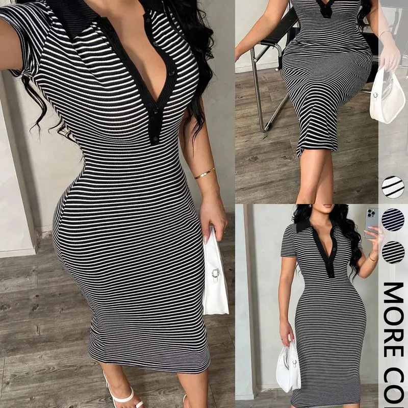 【Black Friday】Women's Black-and-White Striped Short-Sleeve Fitted Polo Midi Dress with High-Stretch Fabric
