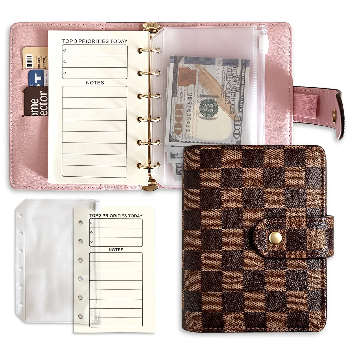 A7 Mini Budget Binder Planner Wallet Notebook, Premium Faux Leather Grid Diary with 45 Lined Pages & 6 Zipper Pockets. Multifunctional Loose-Leaf Academic Planner, Portable Organizer Journal for Work, School, Daily Logs, Budget Tracking & Office Use