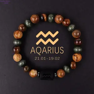 Natural Tiger Eye Stone Beaded Bracelet - 12 Constellation Round Bead Zodiac Bangle, Unisex Healing Crystal Jewelry, Women's Fashion Spiritual Accessory for Daily Wear & Tiger Eye Gift, Gemini, Aries