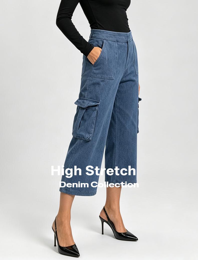 JOJOANS Women's Capri Pants, High-Waisted Stretch Straight-Leg Pants, Workwear-Style Pants with Pockets, Tummy-Control Design
