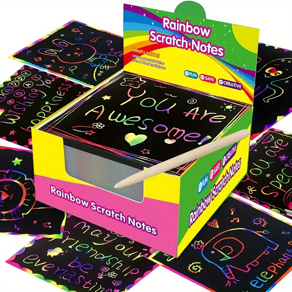 Rainbow Scratch Paper Note Cards, 100pcs Mini Art Notes with 2 Counts Wooden Styluses, DIY Party Favor Supplies for Birthday Stuffer Gift Box, Christm