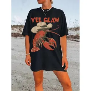 Vintage Cowboy Crawfish Graphic T Shirt for Beachwear Summer Vacation Western Style Funny Lobster Tee Casual Streetwear Coastal Aesthetic Soft Trendy Women Holiday Fashion Comfort Loose Fit Summer Top Beach Style