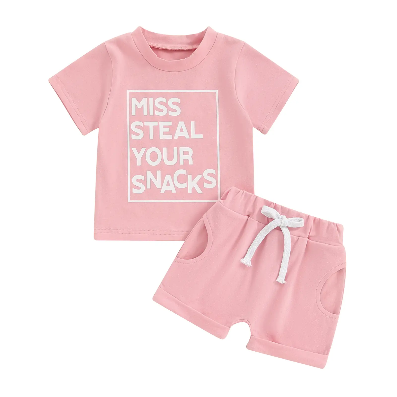 Miss Steal Your Snacks Baby Girl Outfit Toddler Girls Summer Clothes Funny Letter Short Sleeve T Shirt Tops and Rolled Shorts Set 2Piece Clothing