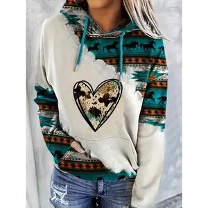 Aztec Geo Print Kangaroo Pocket Hoodie, Casual Long Sleeve Drawstring Hoodies Sweatshirt, Women's Clothing