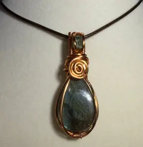 Green & Blue Flash Labradorite & Green Tourmaline copper wire-wrapped pendant