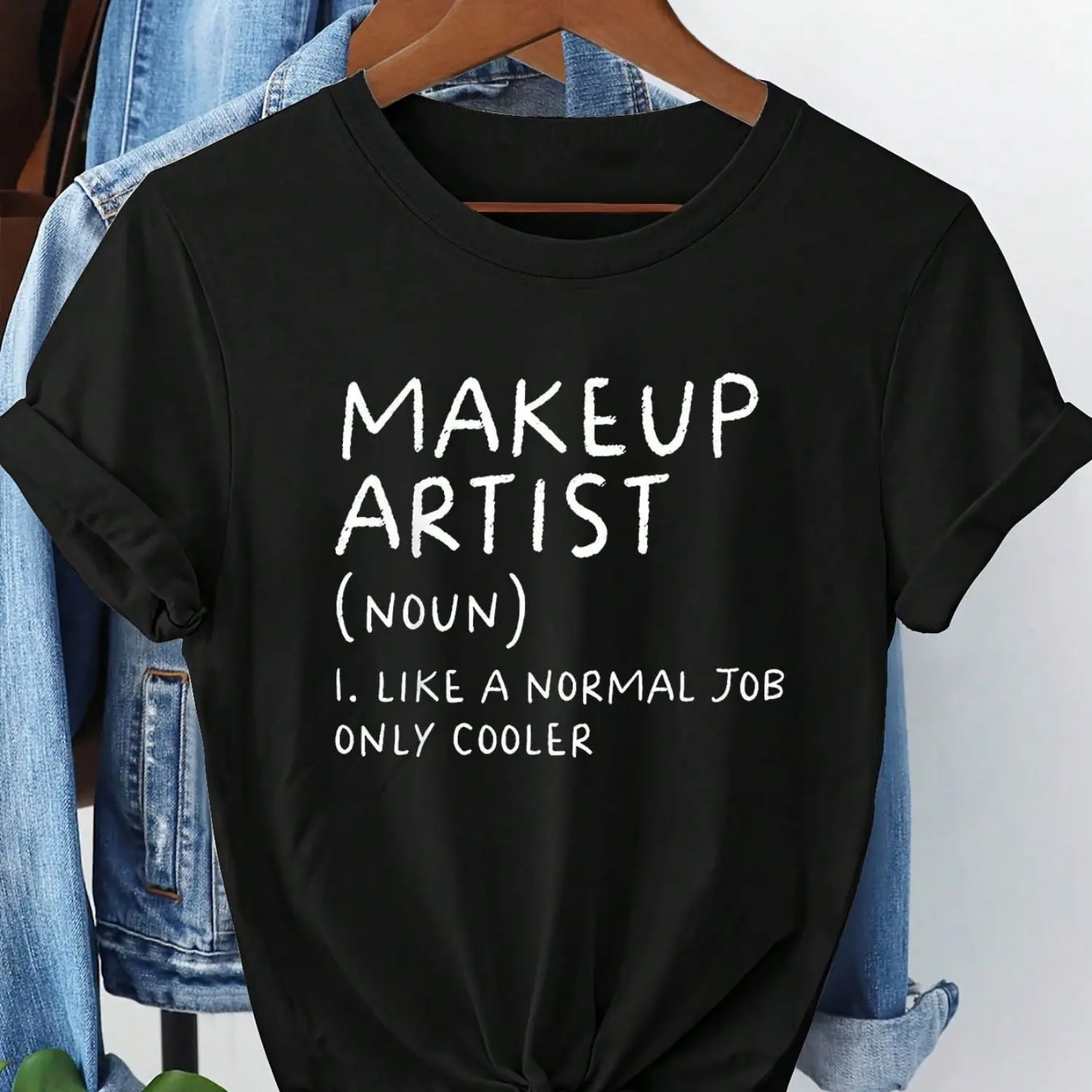 Women Casual Makeup Artist Graphic Tee Short Sleeve Round Neck Black With White Text Perfect For Spring Summer Humorous
