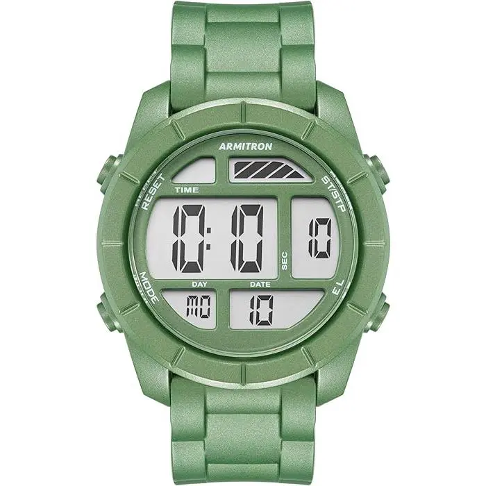 Armitron Sport Digital LED Wrist Watch for Men, Resin Chronograph with Backlit, Lap Time, Buckle, Multiple Time Zones (Model 40-8253DGN)