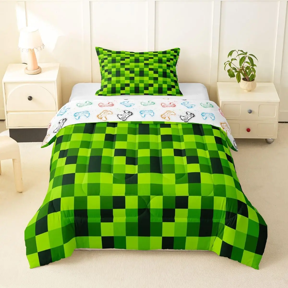 Green Pixelated Miner Comforter Set Video Games Bedding Set,Cartoon Gamepad Quilt Adults Geometric Check Checkered Grid Down Comforter