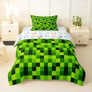 Green Pixelated Miner Comforter Set Video Games Bedding Set,Cartoon Gamepad Quilt Adults Geometric Check Checkered Grid Down Comforter