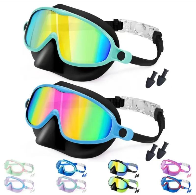 Swimming Goggles with Nose Cover, 2-Pack Wide Vision Masks, Anti-Fog UV Protection, Leakproof for Kids Aged 3-15