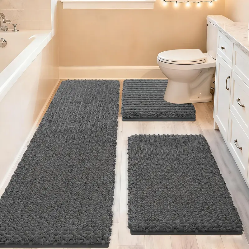 ACCUMTEK Upgraded 3-Piece Large-Format Bathroom Rug Set - High-Density Fiber-Lock Ultra Soft Chenille, Absorbent Heavy Duty, Non Slip Shower Mat & Toilet Mats, Absorbent Bath Mats, Shower Non Slip Mat