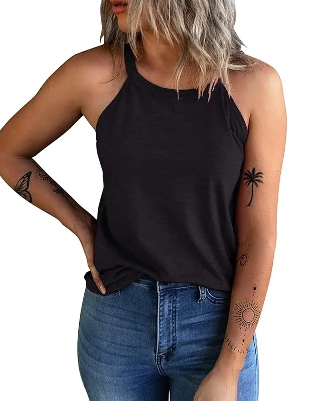 Women's Summer Sleeveless Halter Tee Shirts Crew Neck Workout Tank Tops Plain Cami Shirts