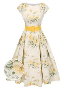 RETRO STAGE Women's 1950s Vintage Fitted Bell-Shaped Flower Old-Fashion Sash Casual Dress - Boat Neck, Cap Sleeves or Sleeveless, Antique Floral Wear for Spring Vacation, Bell-Shaped Casual Dresses, Flower Casual Dresses