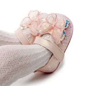 Global Baby 2026 Beautiful Bow Decoration Glittering Dress Shoes Shiny 3D Butterfly Princess Mary Jane Flats Non-Slip Crib Shoes