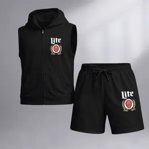 Men's Classic Bar Beer Graphic Sleeveless Hoodie Shorts Set 2 Piece Outfit Zip Up Hooded Vest Drawstring Shorts Summer Casual Gym Workout Streetwear Breathable Lightweight Athletic Lounge Set