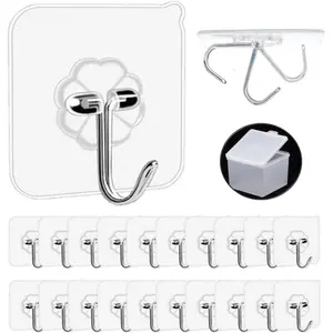 Adhesive Hooks, 20 Packs, 33lbs/15kg  Heavy Duty Wall Ceiling Hooks for Hanging,  Free, Clear Sticky Hanger for Kitchen, Bathroom Shower Outdoor Use.