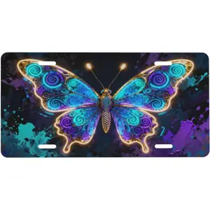 Neon Glow Butterfly Decorative License Plate - Psychedelic Blue/Purple/Gold Aluminum Car Tag (6x12 Inch)-Multiple patterns are available.