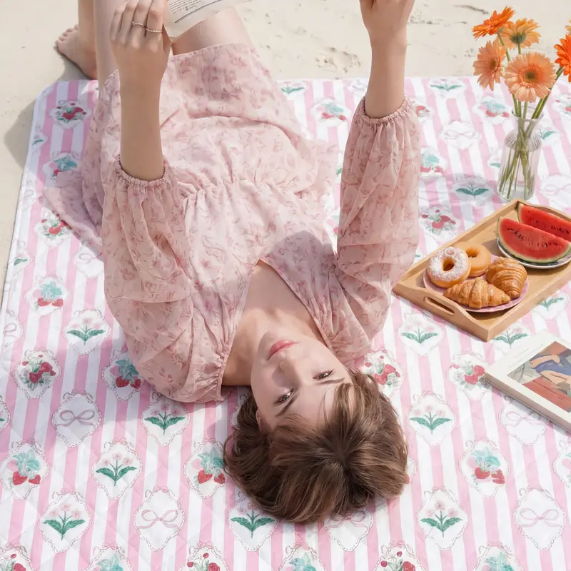 【FallPickDeals】Multifunctional Portable Padded Picnic Blanket, 60x72 in Reversible Family-Sized All-Over Print, Beach-Proof Top, Sandproof Waterproof Base, Extended Velcro Fold Strap, Durable Easy to Clean Machine Washable Outdoor Mat for Beach Camping