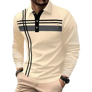 2026 Men's Regular Fit Striped Print Long Sleeve Polo Shirt Casual Button Placket Golf Style Top for Spring Fall Breathable Versatile