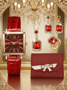 6pcs Luxurious Fashion Jewelry Set with Ladies Dial Quartz Watch, Synthetic Diamond Necklace Earrings and Bracelet, Perfect Gift for Valentine's and Christmas, Jewellery Gift Set, Matching Jewelry Set