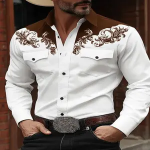 Men's Classic Brown Ornament 3D Printed Western Shirt (White & Brown) - All-season Non-stretch Button-up Collar Shirt. Wrinkle-resistant, Versatile For Office/party/casual. Elegant Brown Ornate 3D Print, Retro Cowboy Style