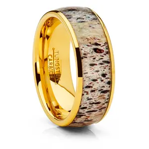 Unisex Men's Gold Tone Tungsten Wedding Band Engagement Ring Deer Antler Inlay 8mm