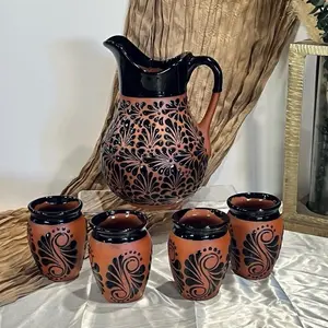 Mexican Clay Pitcher/ Jarras with 4 cups/mugs