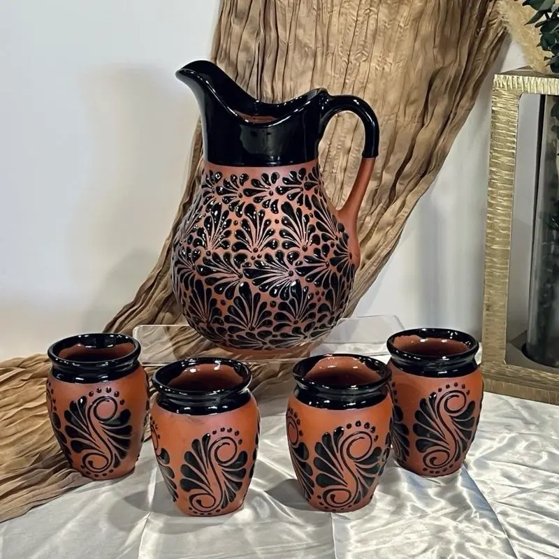 Mexican Clay Pitcher/ Jarras with 4 cups/mugs