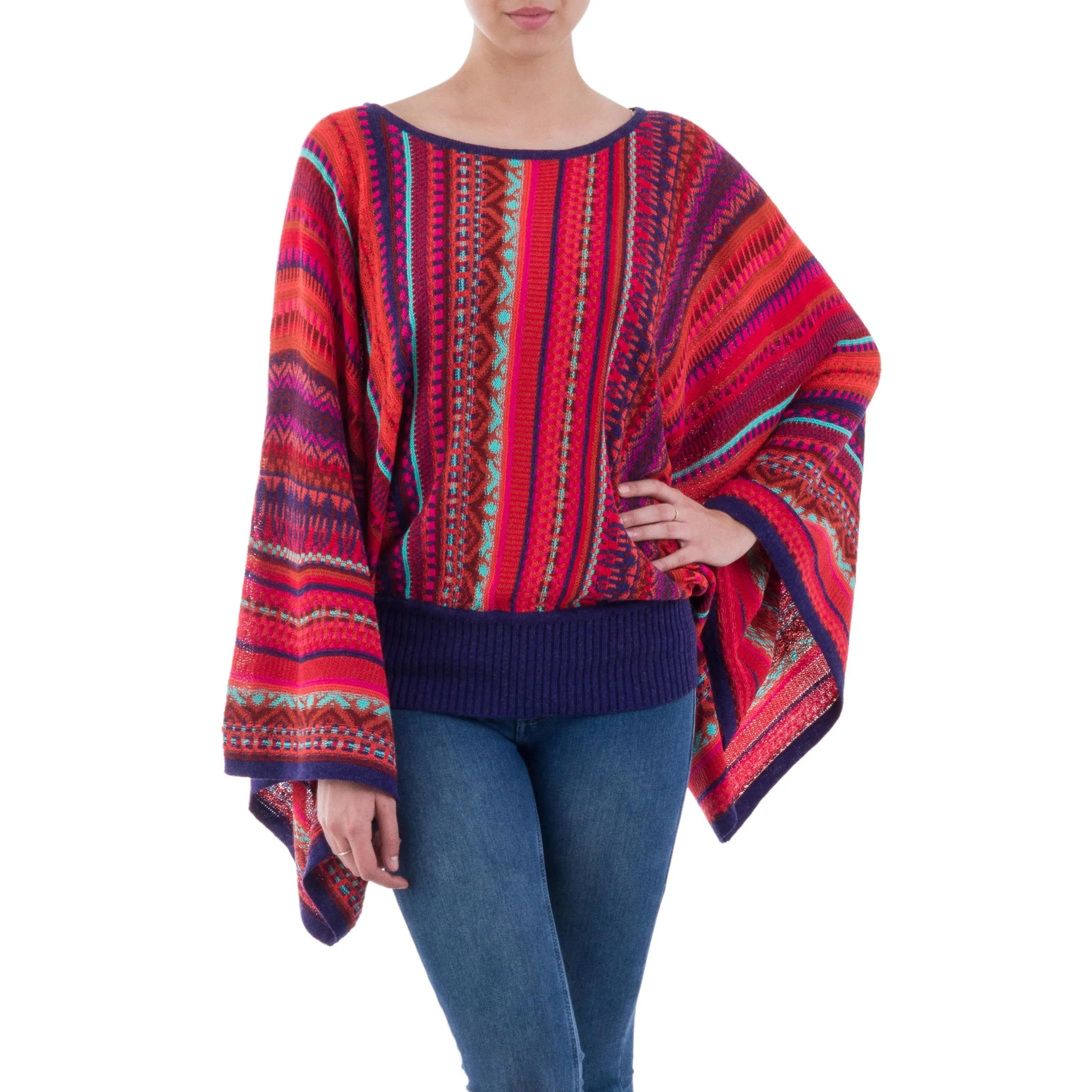 Novica Artisan Handmade Striped Peruvian Alpaca Wool Kimono Sleeve Sweater In Multicolor Pattern, 'Cuzco Dance'
