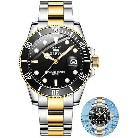 OLEVS Men's Stainless Steel Chronograph Watch, Large Face Gold Blue Silver Black Tone Easy-to-Read Analog Quartz Watch