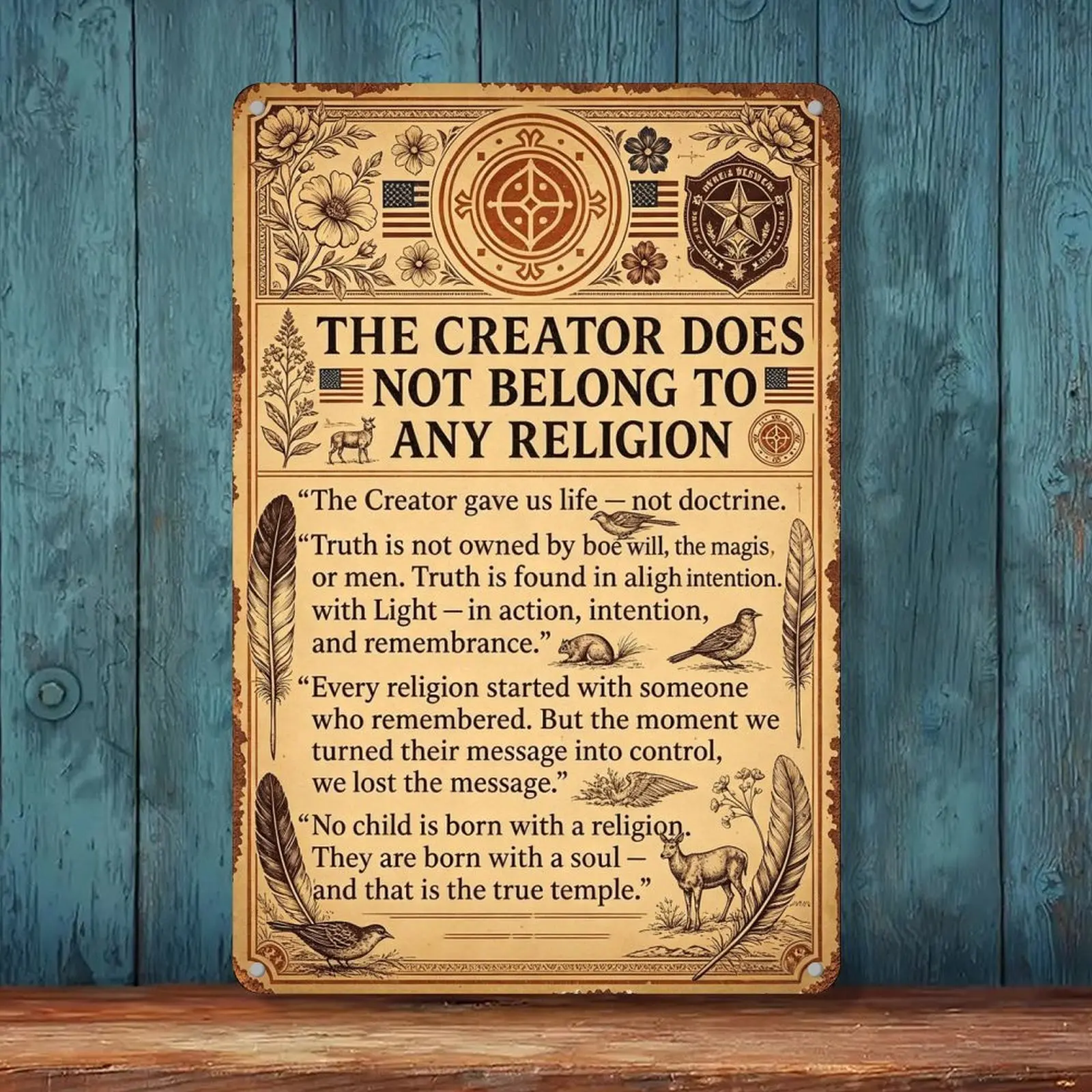 8x12 in Rectangular Aluminium Tin Metal Sign - Home Decor Plaque, Thought-Provoking Wall Art - "The Creator Does Not Belong To Any Religion" - Retro Gift for Universal Spirituality Adherents, Indoor Use