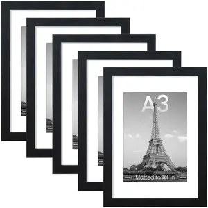 Wooden A3 Frame Set (5 Pieces), A4 (5 Piece Set) Ideal for Wall Mounting and Desktop Display, Elegant Wooden Poster Frames
