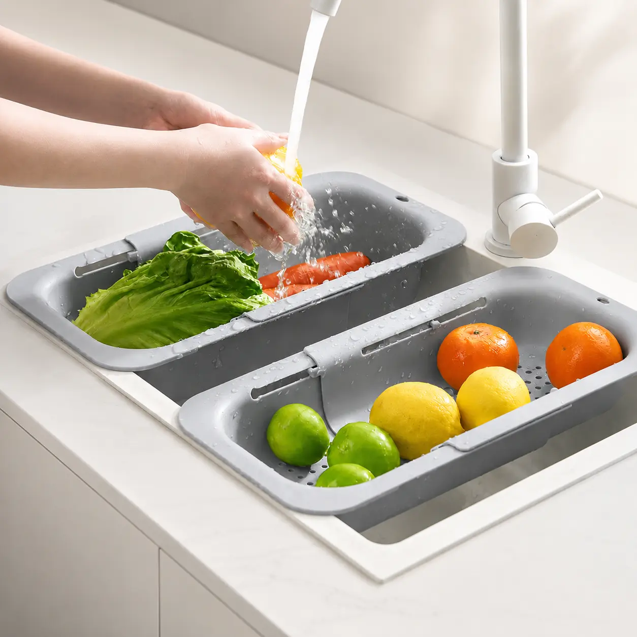 Expandable Over-the-Sink Colander, Adjustable Sink Strainer Basket and Drain Rack for Washing Fruits and Vegetables, Draining Dishes and Food Prep, Space-Saving Kitchen Organizer, White