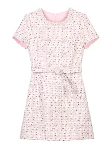 Elegant Fashionable Luxury Tweed Dress, Pearl Belt Decoration, Chic Celebrity Style for Parties and Events