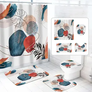 Abstract Boho Fabric Shower Curtain and Rug Sets, 16pc Modern Bathroom Sets, Navy, 72" x 72"