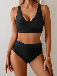 Women's Bikini Set, Sexy V-Neck Solid Color Cross Ruched Beachwear, Two-Piece Summer Vacation Style, Perfect for Beaches & Poolside, Criss Cross Swimsuits