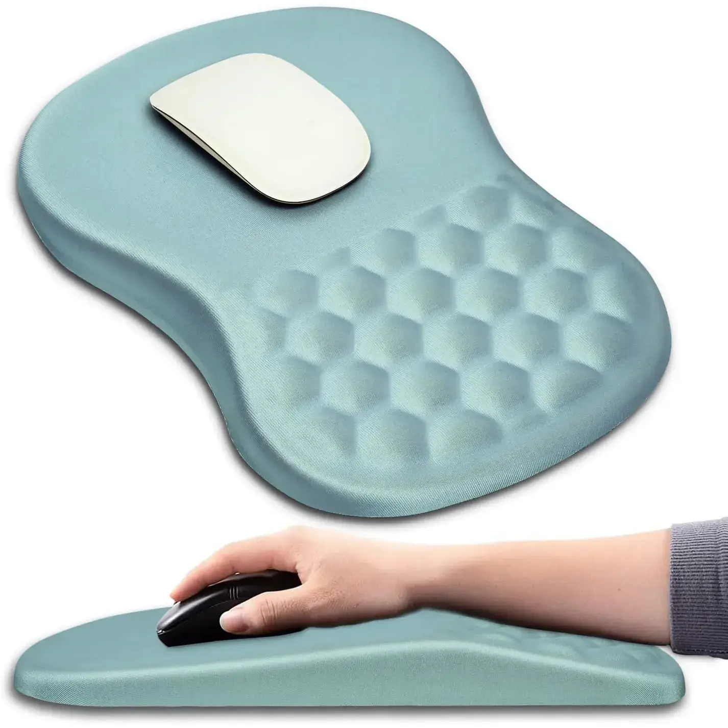 Ergonomic Massage Bump Mouse Pad with Lycra Fabric, 8-Degree Slope Wrist Support, Memory Foam Rest, Non-Slip PU Base, Left-Handed Friendly, Wrist Relief, Sweat Prevention, Carpal Tunnel Syndrome Improvement (12x8 in, Light Blue) for Wireless Mouse & Desk
