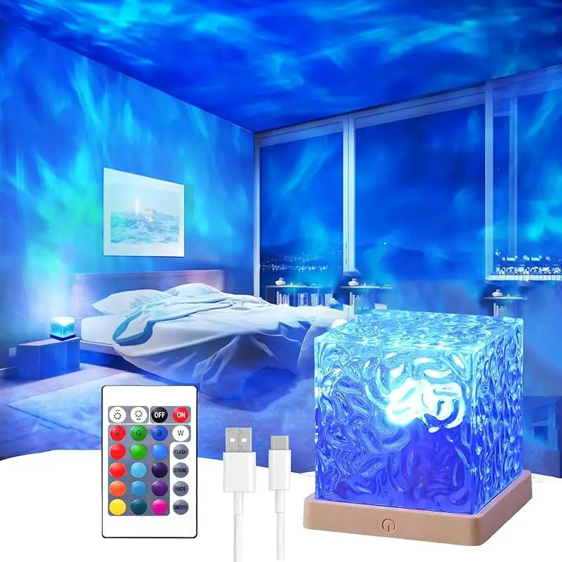 1 Pack Ocean Wave Projector w/ Remote | 16 Color Changing Night Light | USB Powered Mood Lamp for Bedroom/Bar | Auto Gradient & Brightness Control