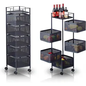 Rolling Storage Cart, 5 Tier Metal Mesh Rolling Cart Organizer with Top Lid, Rotating Kitchen Storage Cart, Organizador De Frutas Y Verduras for Fruit Vegetable Grocery Storage, White/Black