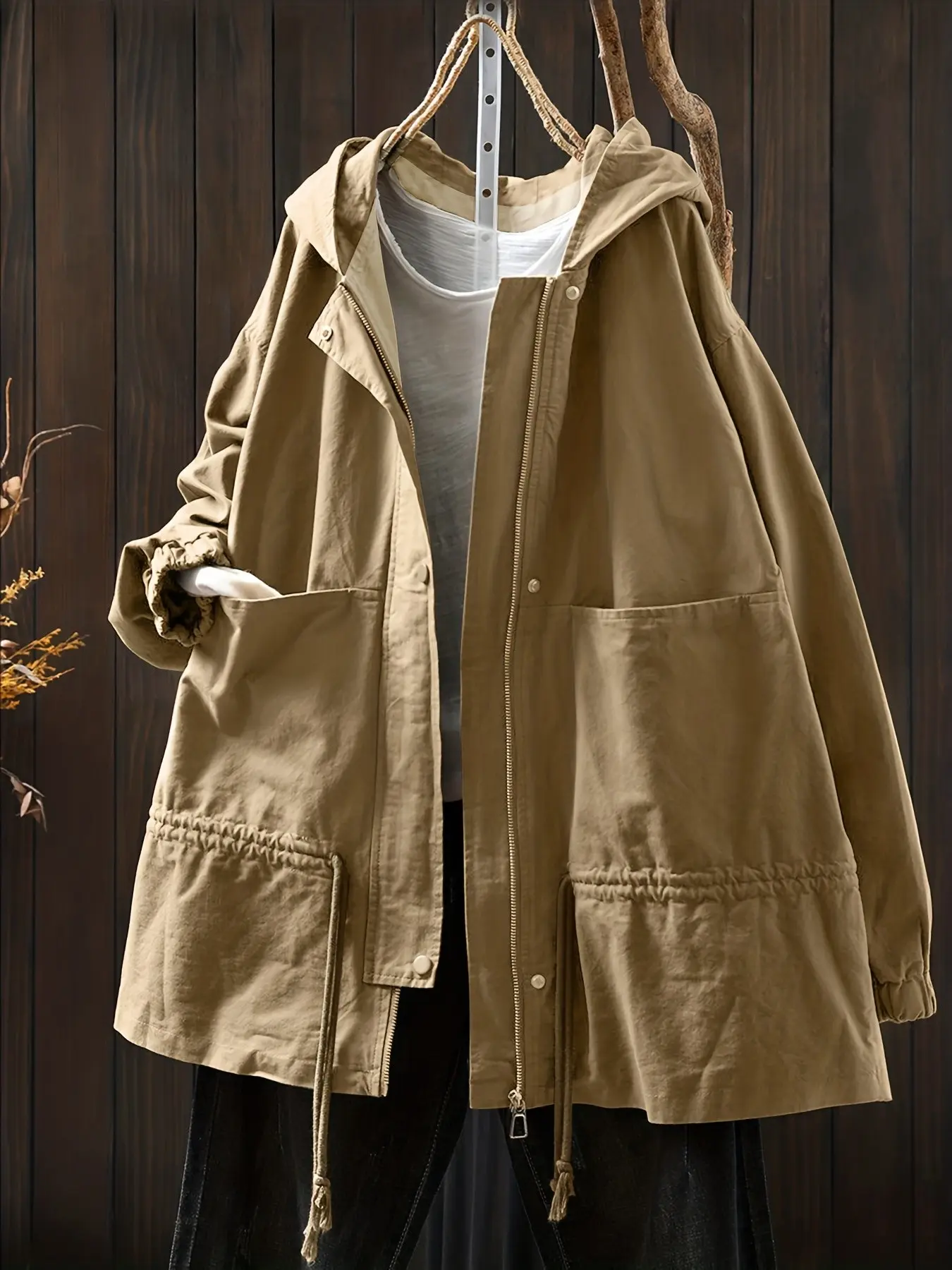 Military Hooded Windbreaker Women's Baggy Loose Fit Oversized Plus Size Slimming Adjustable Drawstring Work Jacket Coats Casual Outerwear Spring Fall 2026 New Style