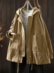 Military Hooded Windbreaker Women's Loose Fit Plus Size Slimming Drawstring Work Jacket Casual Outerwear Spring Fall 2026 New Style