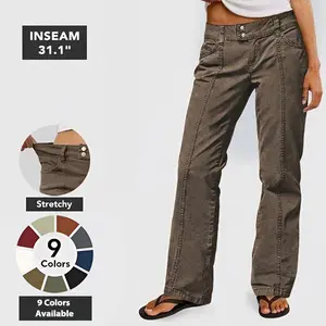 Flamingals 	Mid Waist Seam Detail Straight Leg Pants Women's Stretchy Fabric Multicolor Flattering for All Body Types Fit Casual