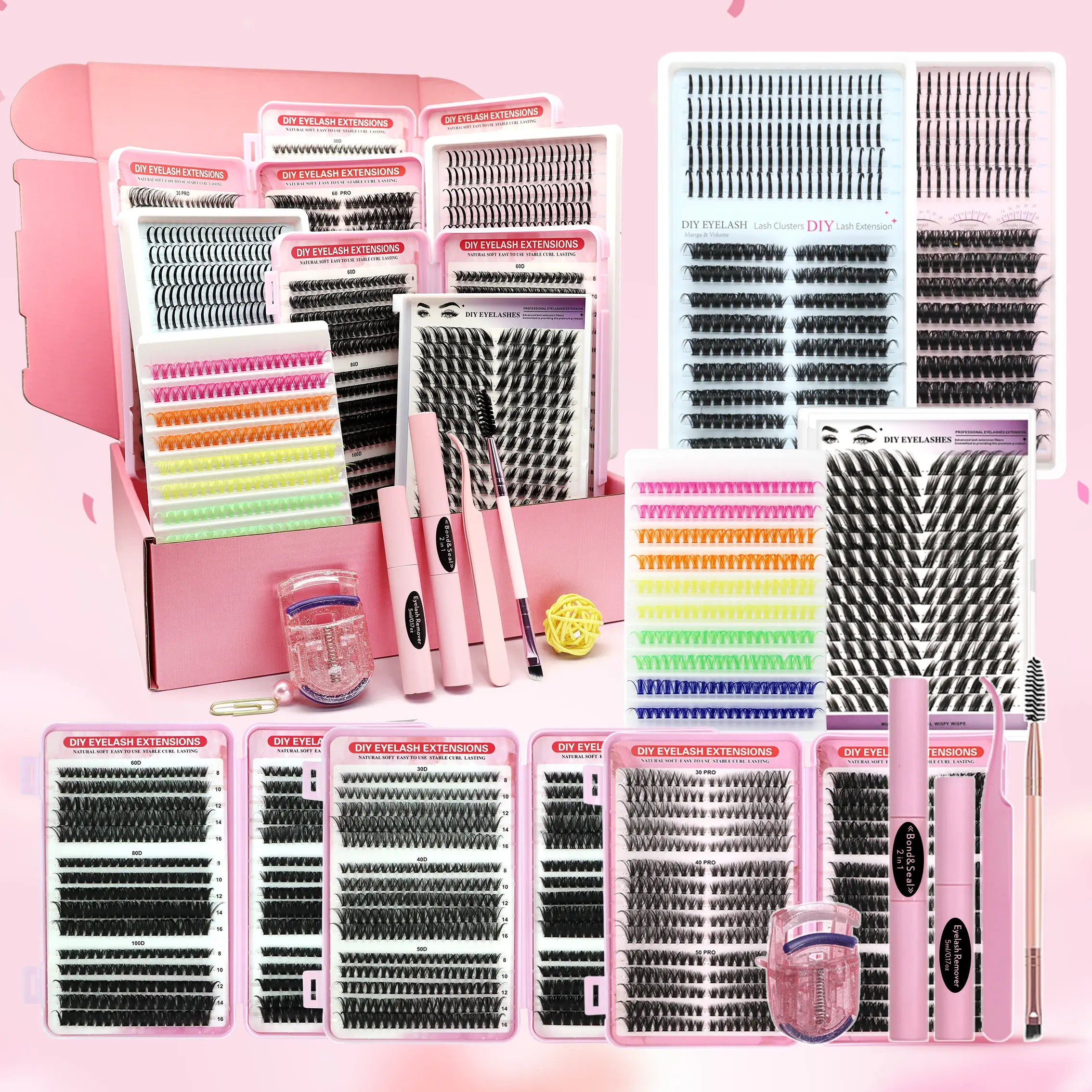 Lash Clusters Kit D Curl Spikes Natural Volume 3D Effect, Includes Bond Seal Lash Remover Brush Applicator Curler Eyelash Extension Tweezers, Beginner & Proficient Use